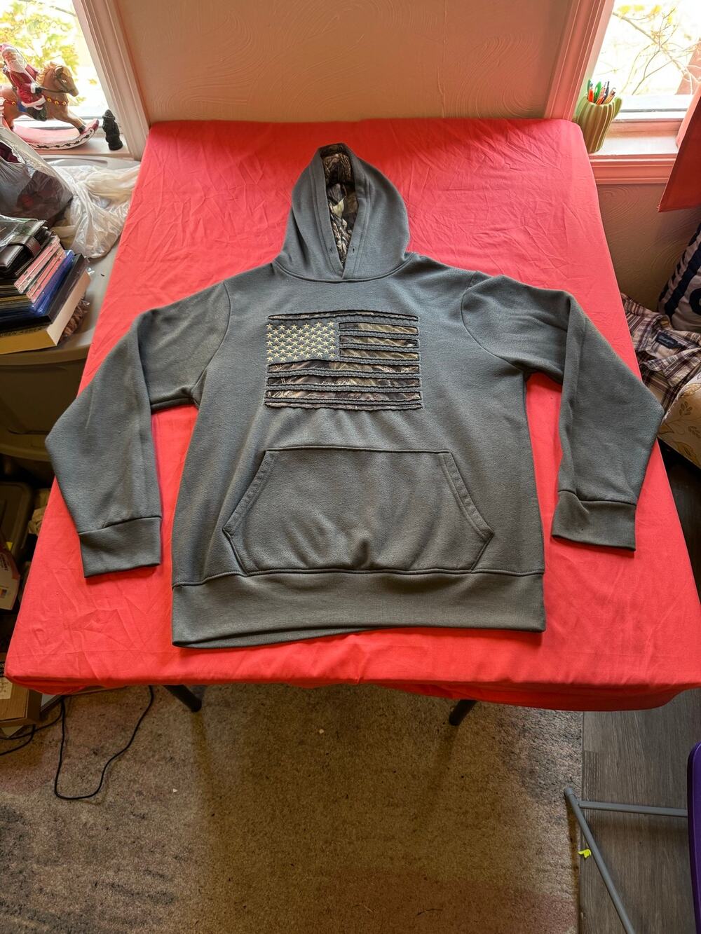 Mossy Oak Patriotic American Flag Hoodie Gray Mens Large Camo Hood Flec Flaws